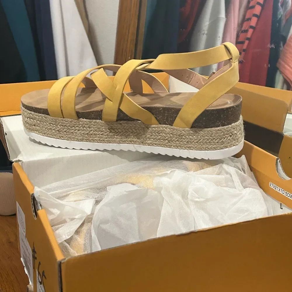 Yellow Strappy Espadrille Wedge Sandals
